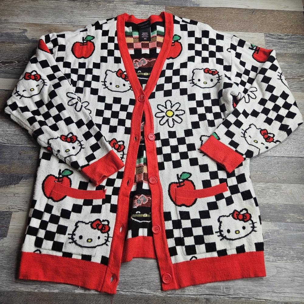 Sanrio Hello Kitty Cardigan Sweater Women's XS Apples Checkeeboard Daisy